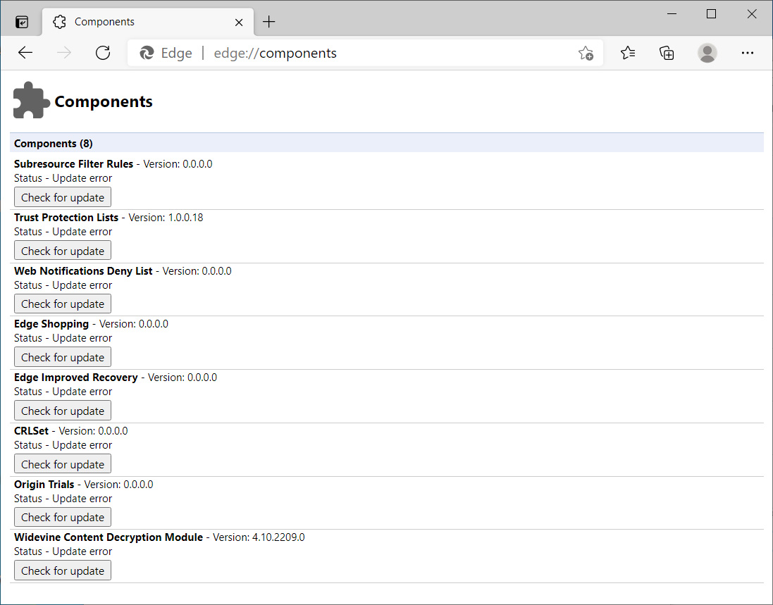 Browser components enabled in Microsoft Edge