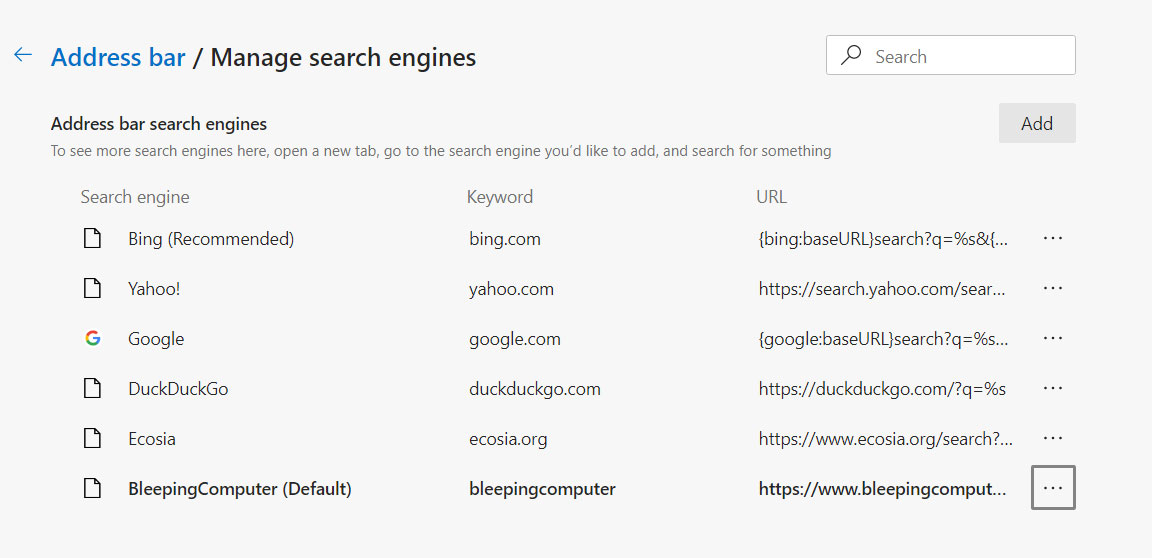 List of preconfigured search engines