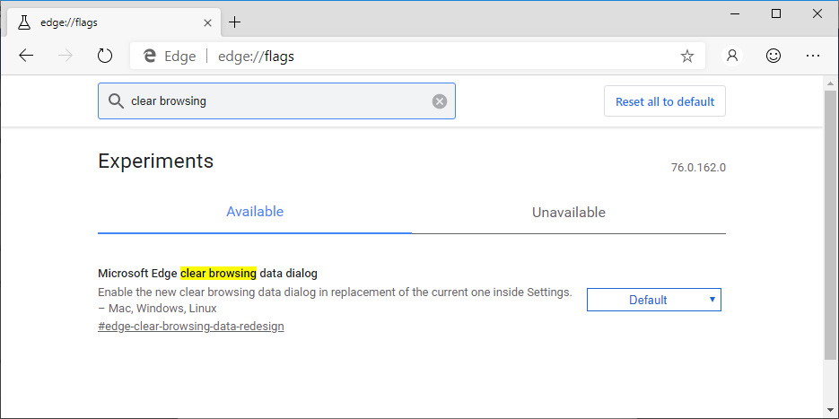 Microsoft EdgeÂ clear browsingÂ data dialog Flag