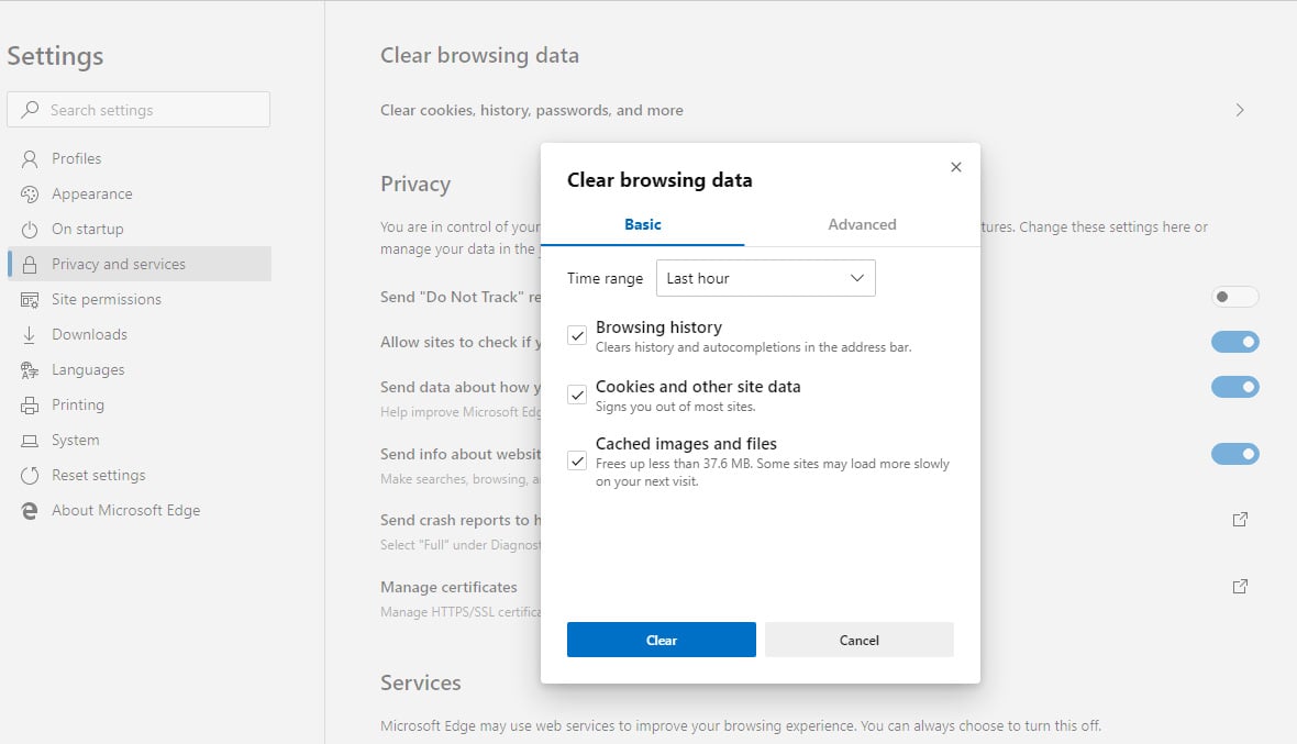 Current Chromium clear browsing data function