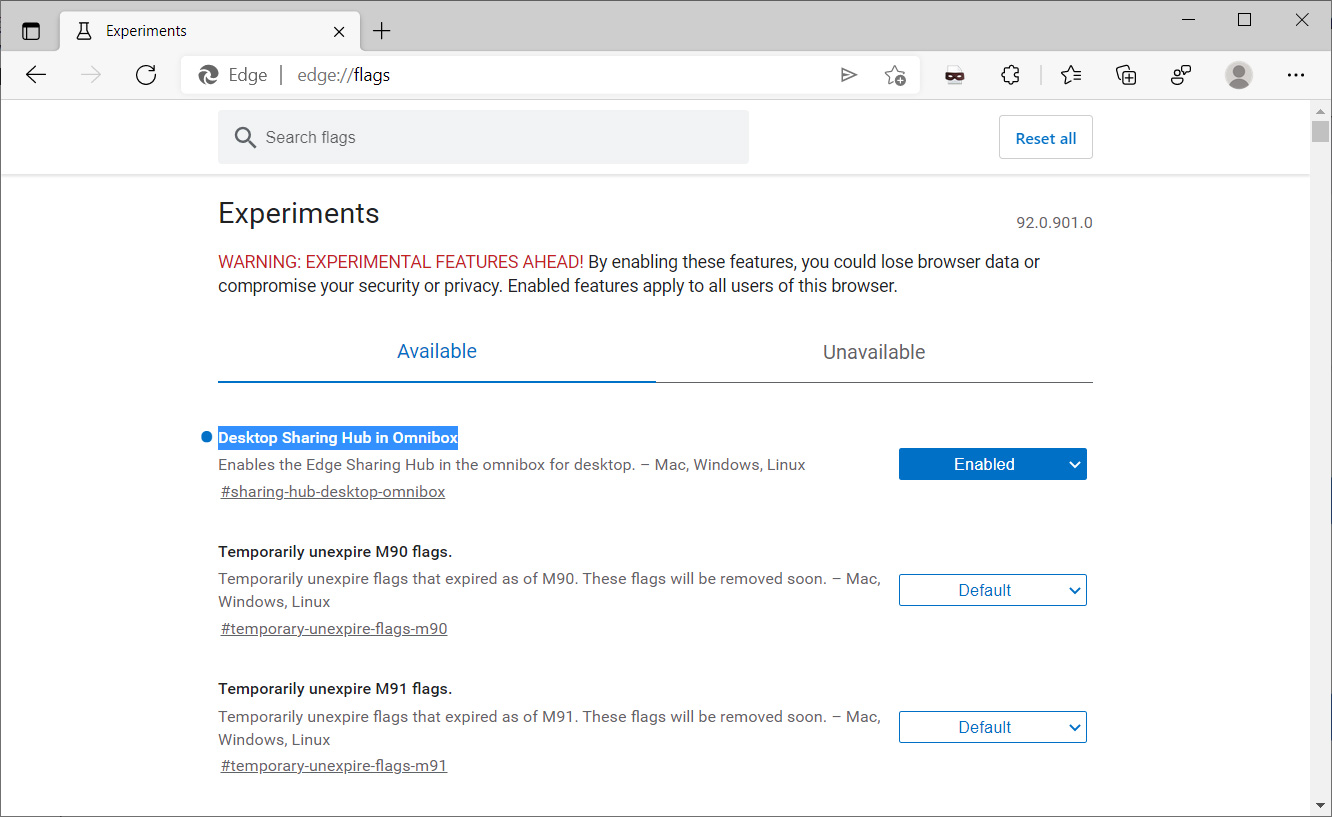 Enable Microsoft Edge flag