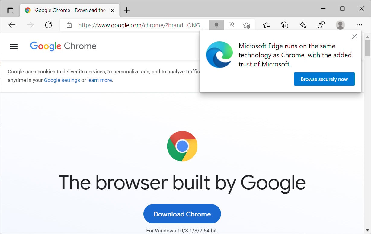 Microsoft Edge telling users not to install Google Chrome