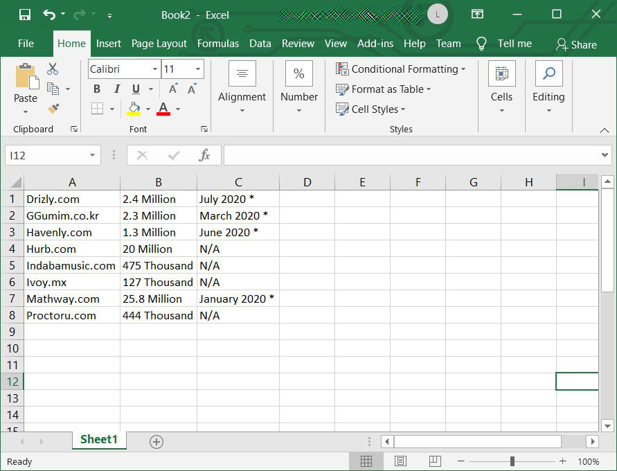 Tabular data pasted into Excel