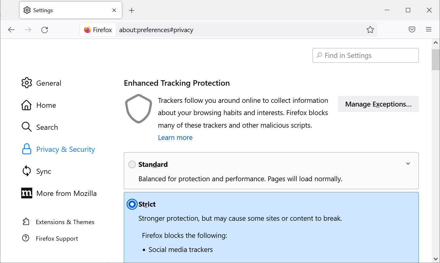 Mozilla Firefox's Enhanced Tracking Protection set to Strict