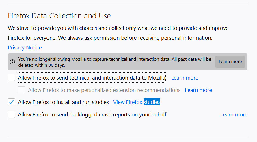 Firefox Telemetry settings