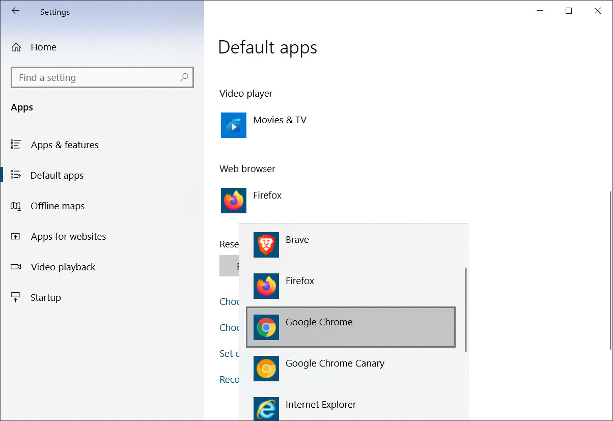 Windows 10 default apps settings screen