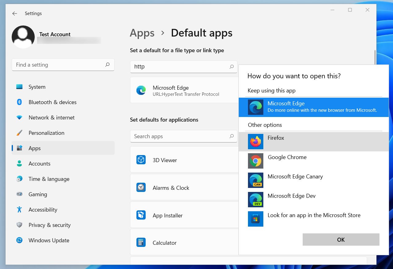 New Windows 11 default apps settings screen