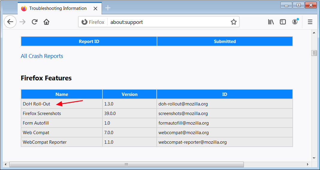 About:support extensions list