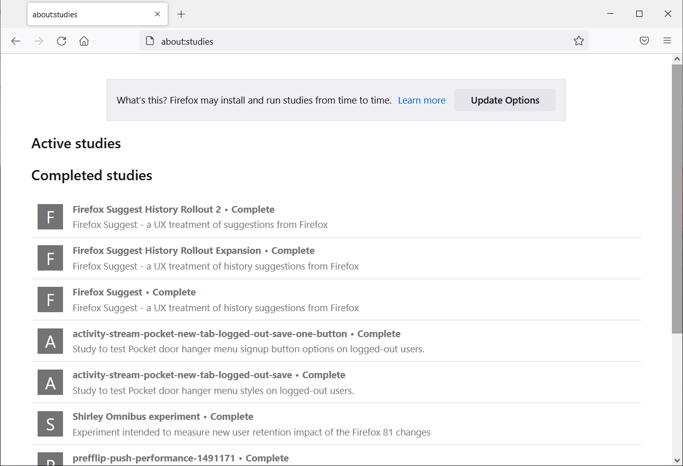 Firefox about:studies screen