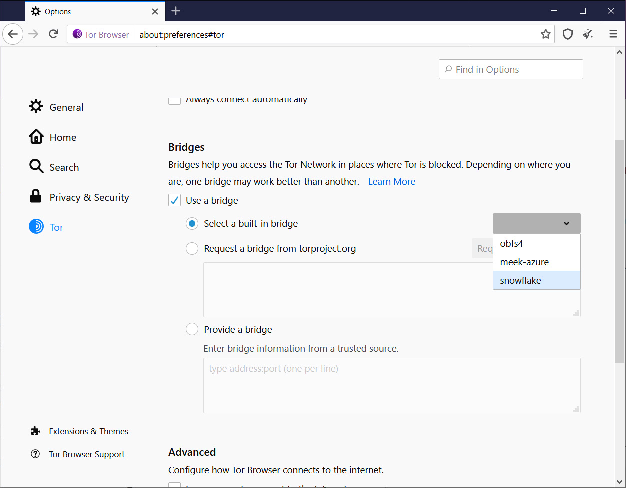 Tor Browser 10.5 adds Snowflake as a bridge option