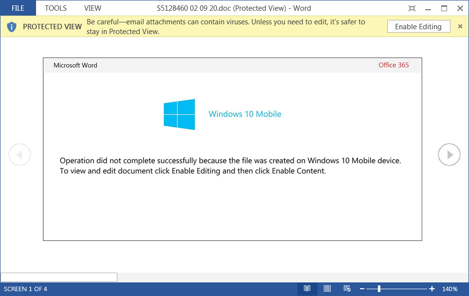 Documento do Word 'Windows 10 Mobile' malicioso