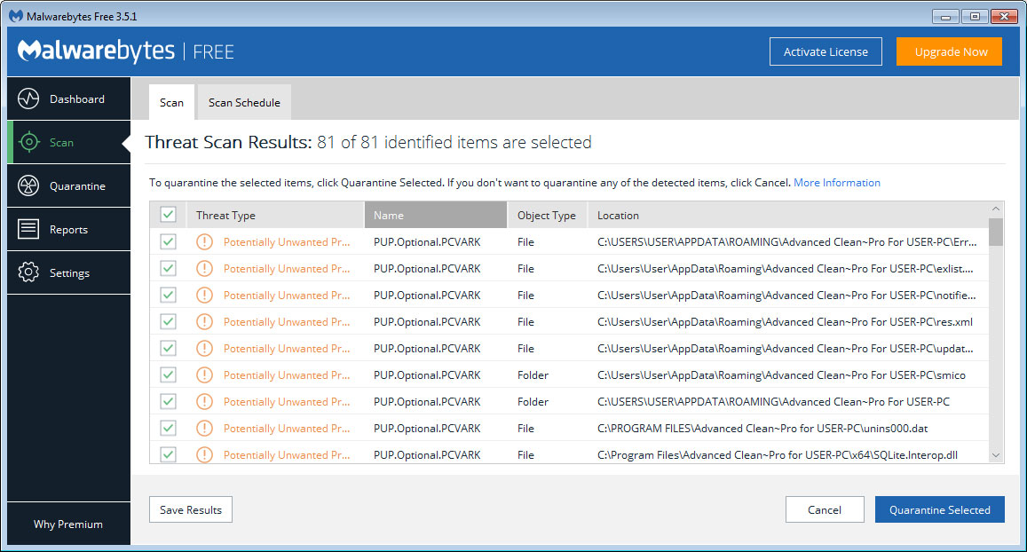 MalwareBytes Scan Results