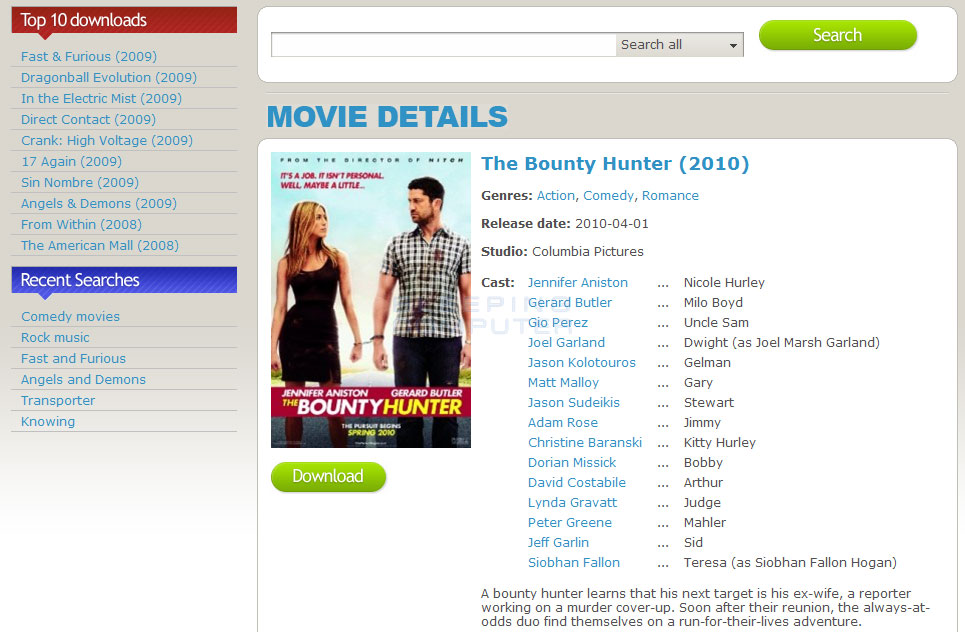 Fake download page for copyrighted material