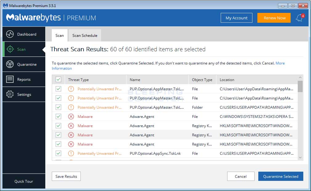 MalwareBytes Scan Results