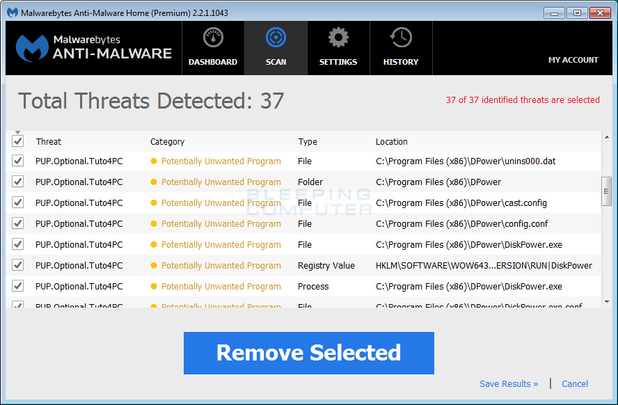 MalwareBytes Scan Results