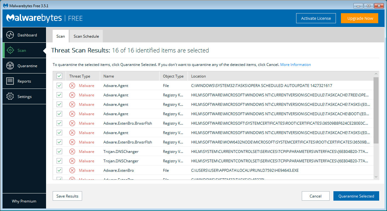 Résultats de l'analyse MalwareBytes