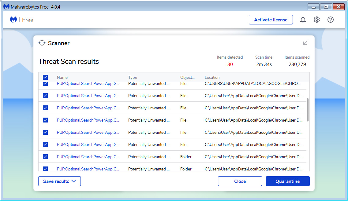 MalwareBytes Scan Results