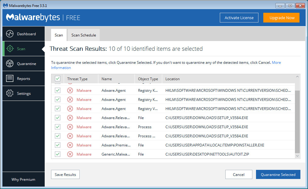MalwareBytes Scan Results