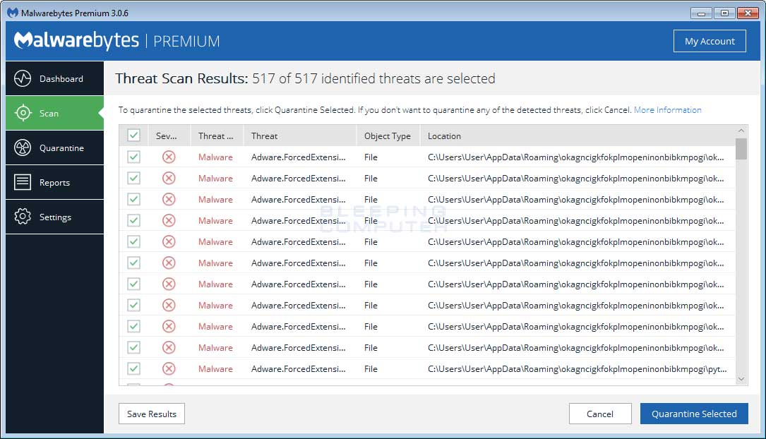 MalwareBytes Scan Results