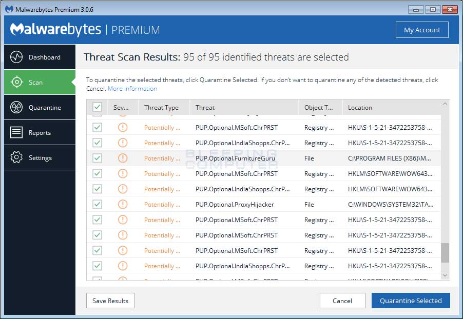 MalwareBytes Scan Results