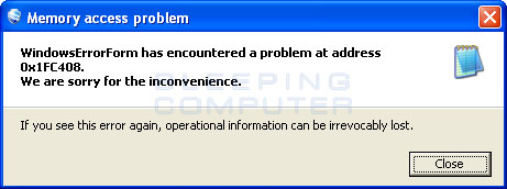 Memory access problem alert Memory access problem alert