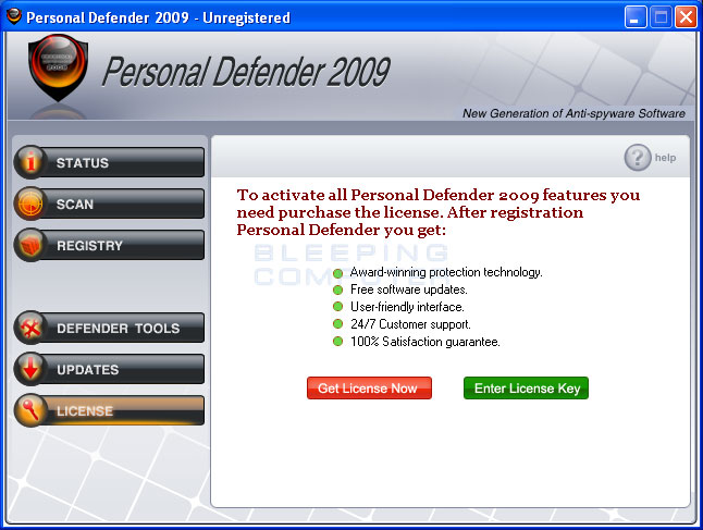 Personal Defender 2009 license screen