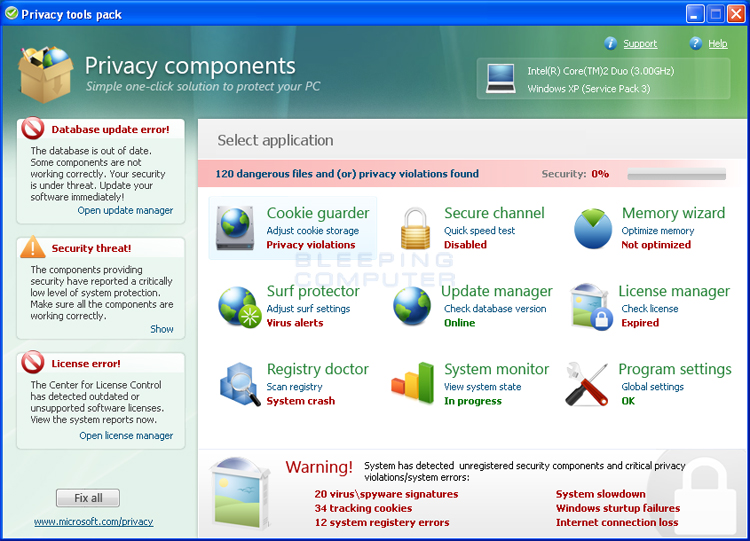 Система regs. «System Error! Virus detected!».. Slintel privacy Center. Violation of privacy.