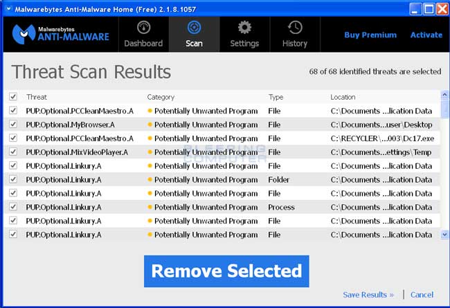 MalwareBytes Scan Results