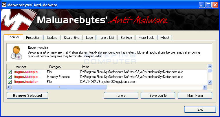 MalwareBytes Scan Results