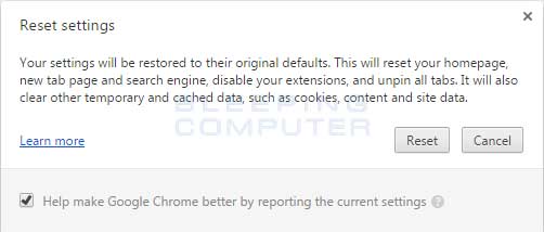 Reset Chrome confirmation