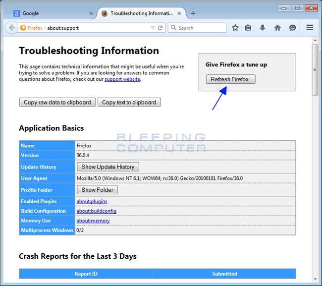 Troubleshooting information page
