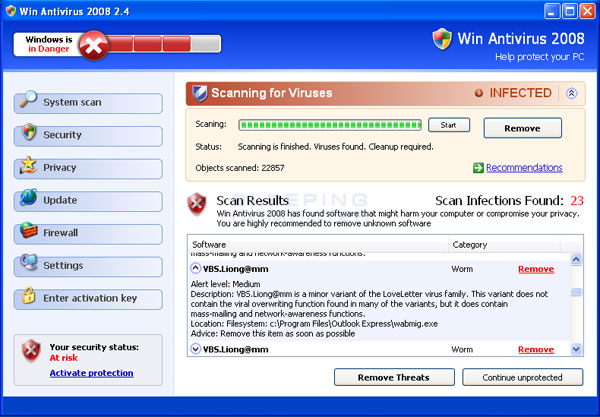 Win Antivirus 2008 scan results