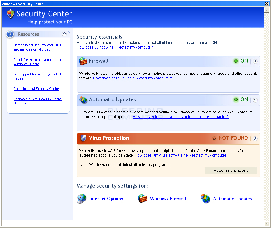 Vista Security Center Alert