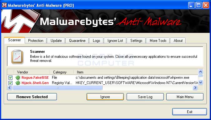 Remove Selected button to remove all the listed malware. MBAM will Remove Selected button to remove all the listed malware. MBAM will