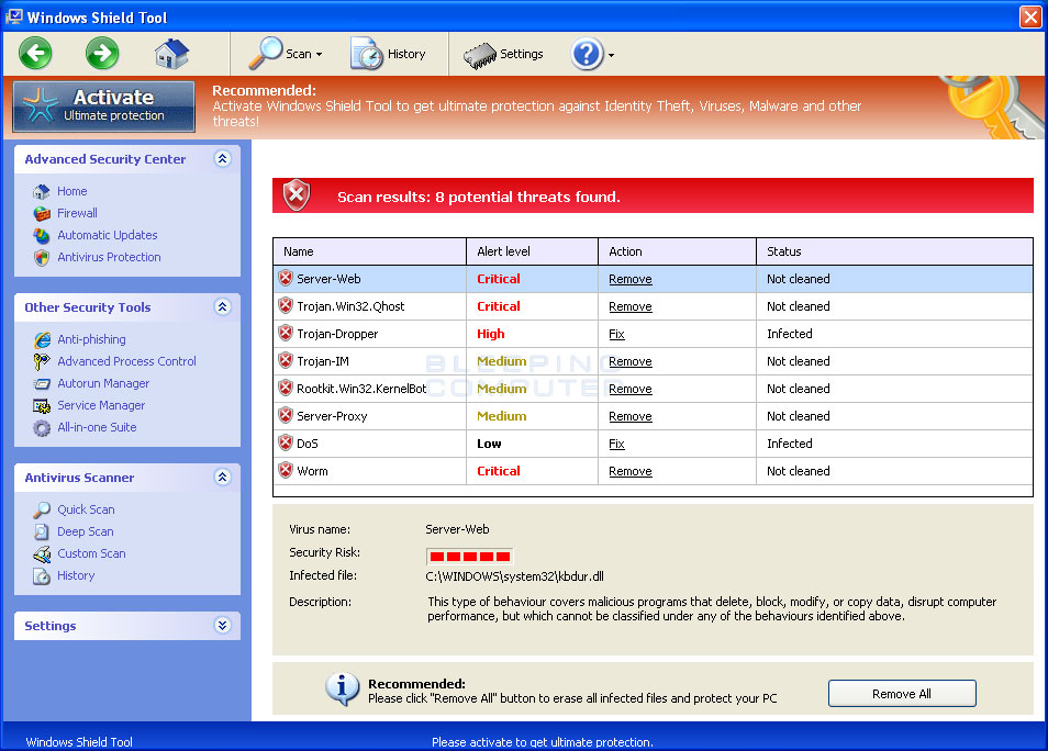 security shield virus action manager