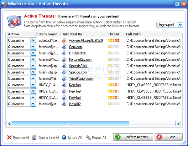 Exaggerated Security popup stating you should download WinSecureAV Examples of False Positives found in WinSecureAv