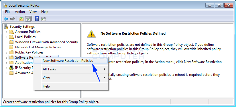 Create new software restriction policy