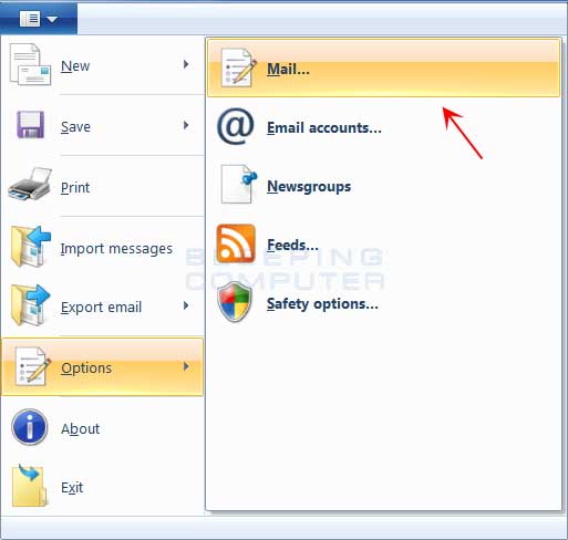 Windows Live Mail options menu
