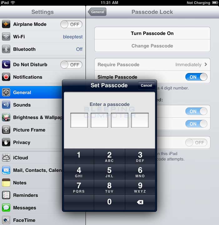 Set the Passcode needed to unlock the iPad