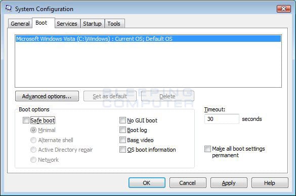 Vista Boot tab in the System Configuration utility