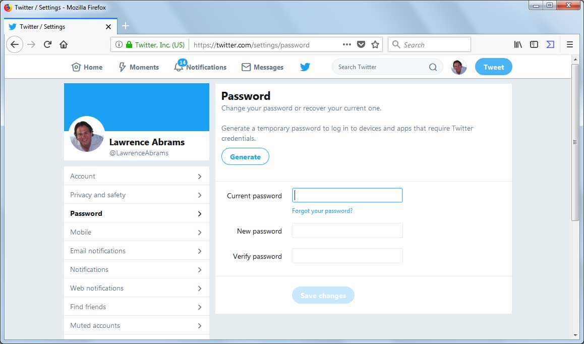 Twitter Password Settings Screen