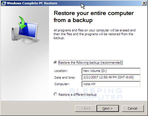 Specify the backup to restore