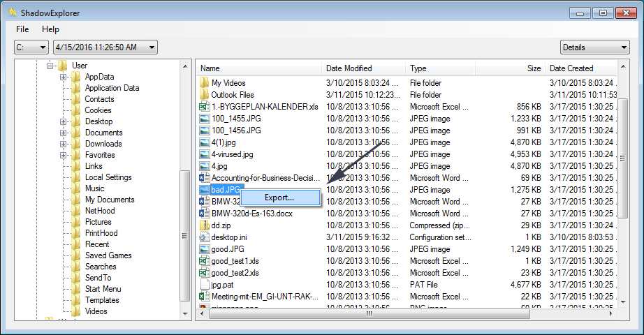 Export a File using Shadow Explorer