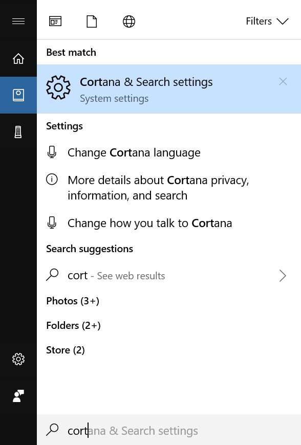 Open Cortana Settings