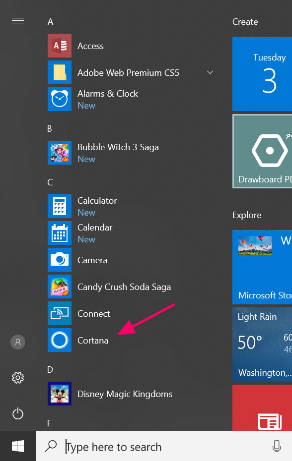 Start Cortana via the Start Menu