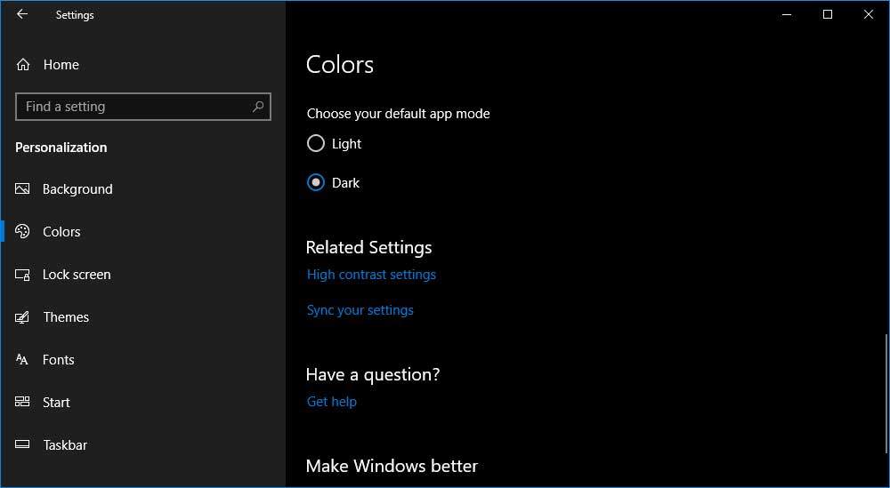 Windows 10 dark mode enabled