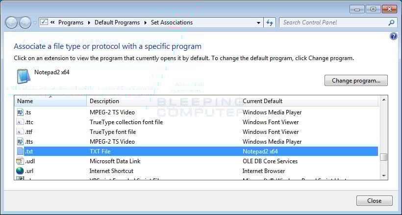change default program for file type win 10