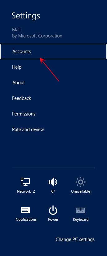 Mail settings charm bar