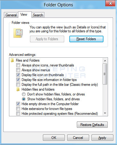 jak na drodze do wyświetlenia ukrytych folderów dla Windows 8
