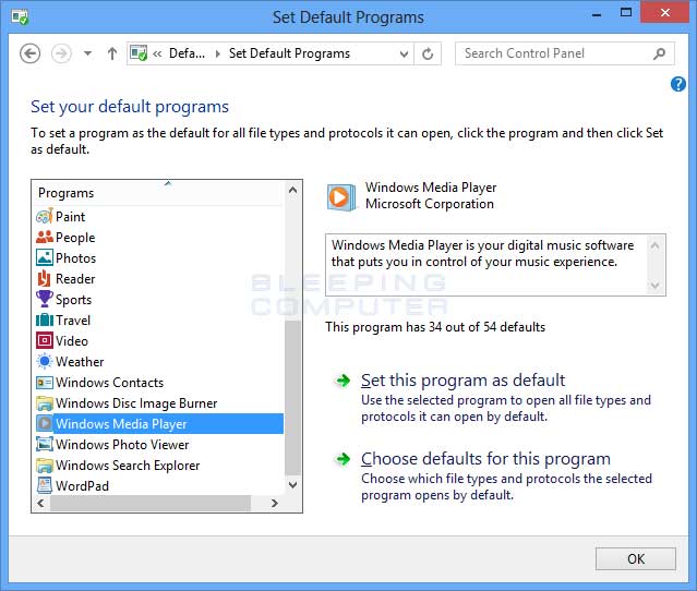 how to change default video player to windows media player